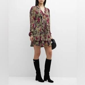 Paige Elynne Floral Ruffle Tiered Mini Dress – Olive Multi – Size XS
